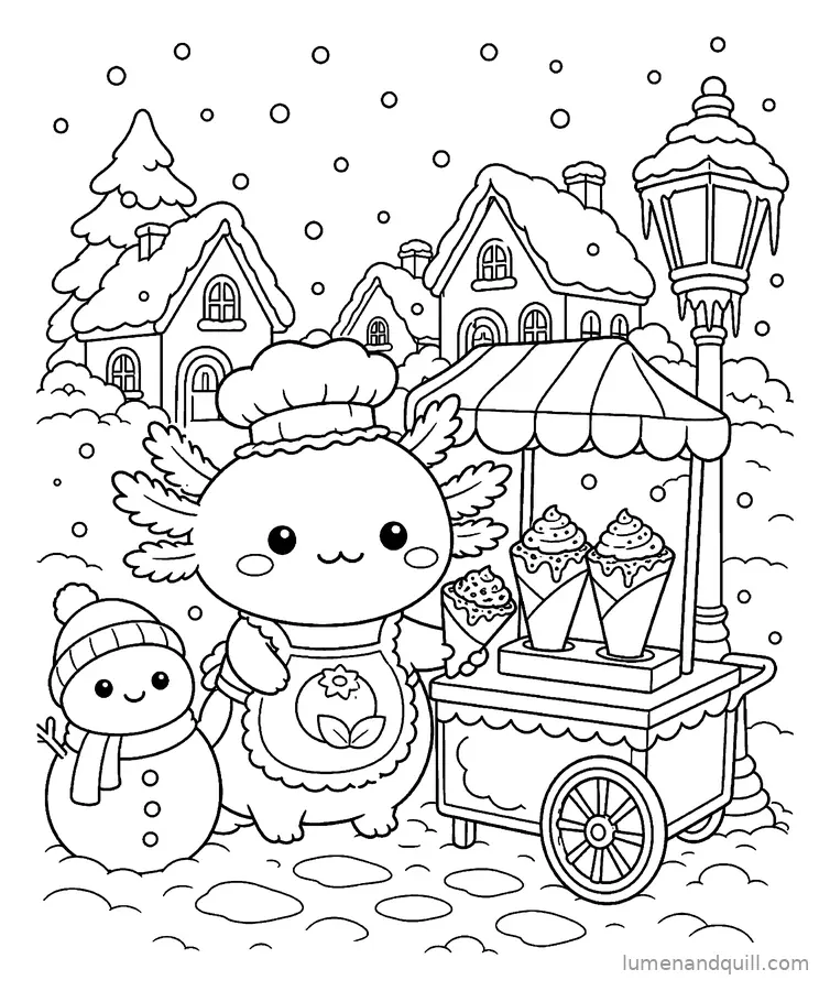 Disegno da colorare tratto da Mochi the Axolotl's Crepe Cart: Chiosco di cioccolata sotto la neve