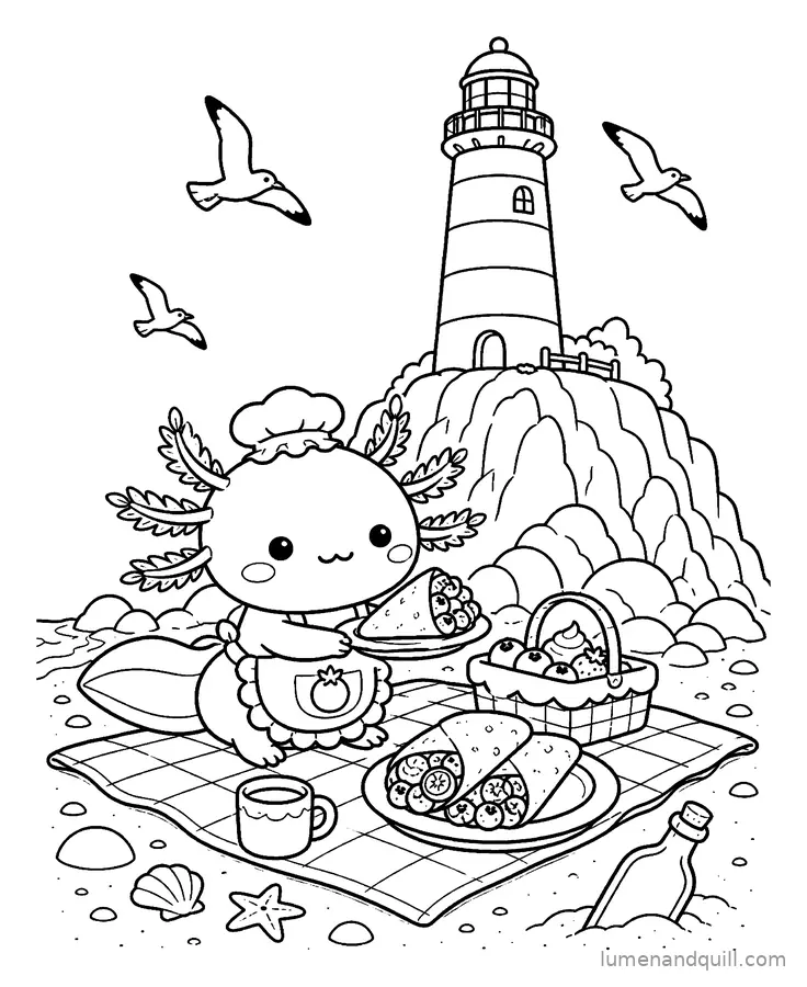 Disegno da colorare tratto da Mochi the Axolotl's Crepe Cart: Picnic al faro
