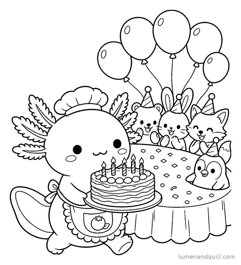 Disegno da colorare tratto da Mochi the Axolotl's Crepe Cart: Sorpresa con la torta di compleanno