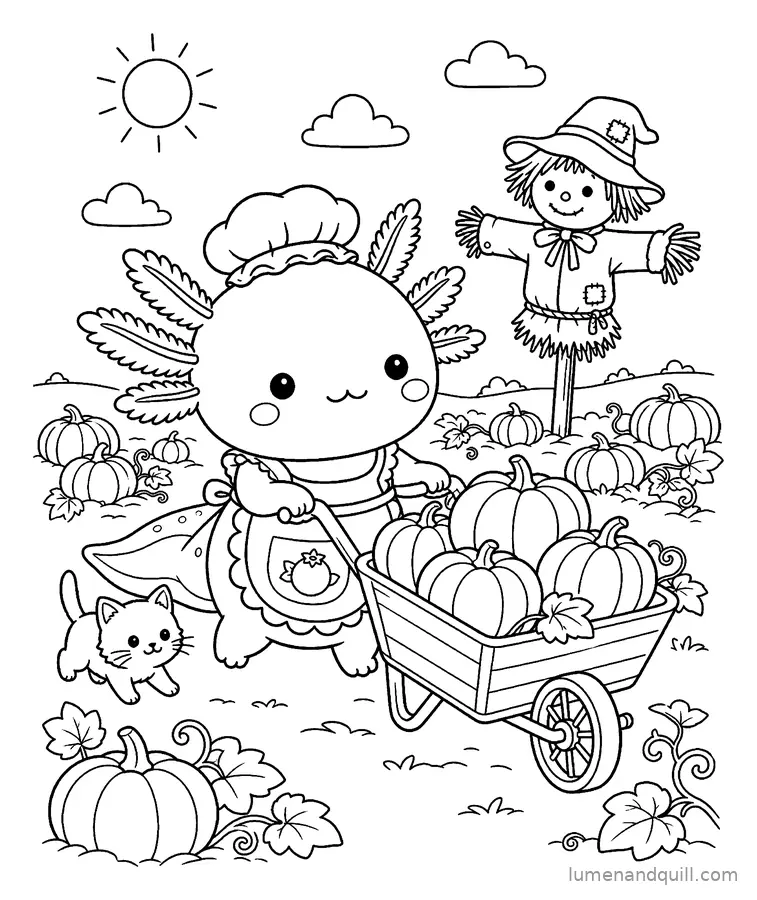 Disegno da colorare tratto da Mochi the Axolotl's Crepe Cart: Raccolta nel campo di zucche