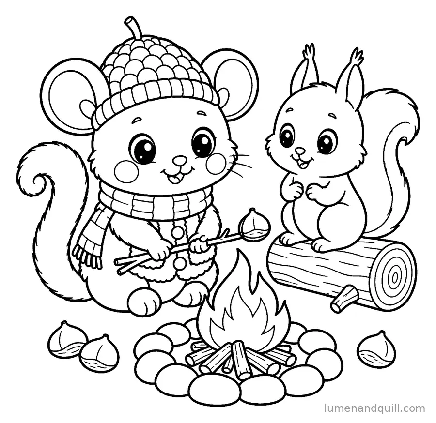 Ausmalbild aus Nutmeg the Dormouse's Cozy Autumn: Maronen am Feuer