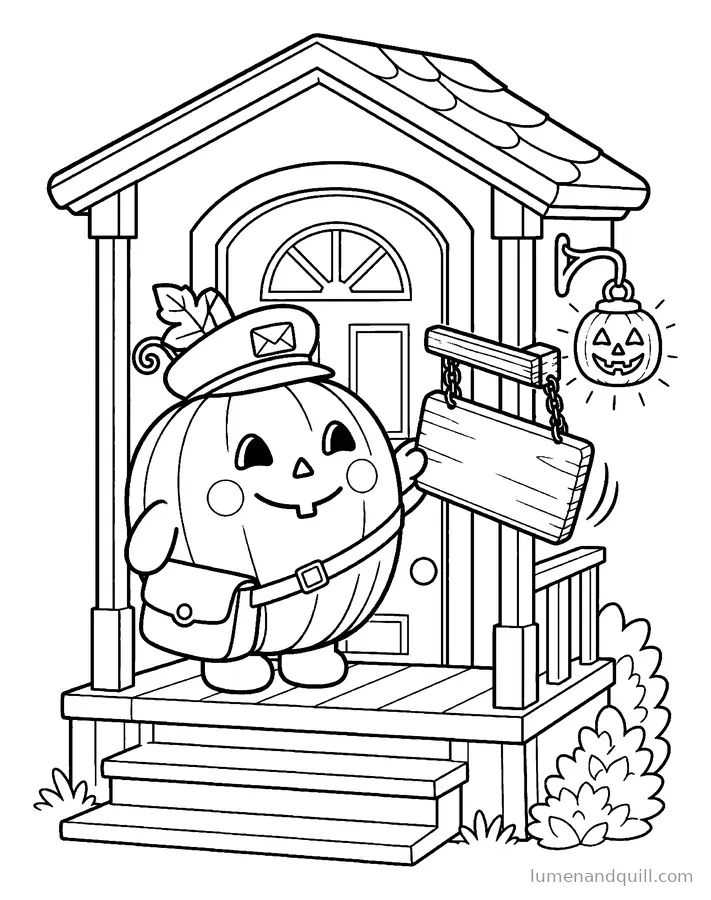 Dibujo para colorear de Otto the Pumpkin Postmaster: Abierto para el correo