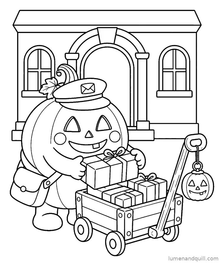 Dibujo para colorear de Otto the Pumpkin Postmaster: Cargando el carro