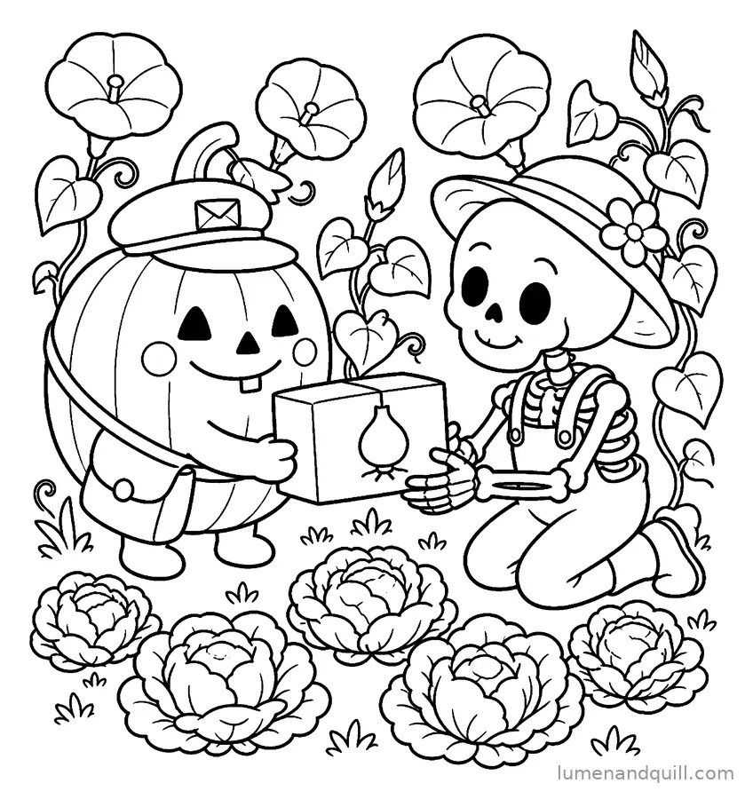 Dibujo para colorear de Otto the Pumpkin Postmaster: El jardín del esqueleto