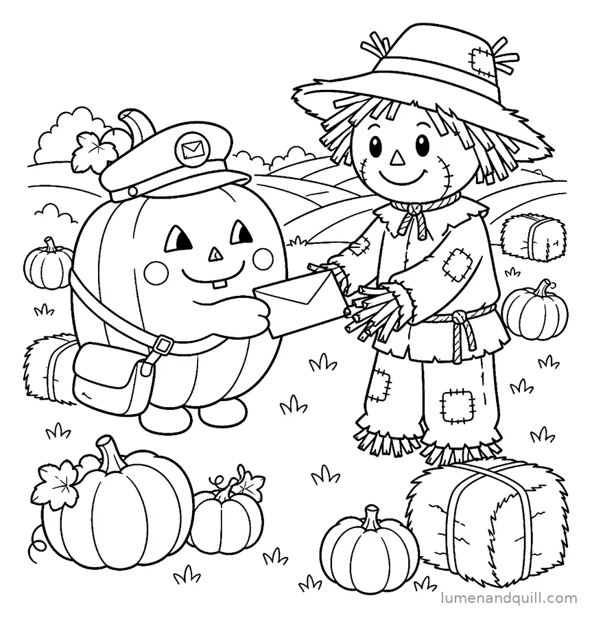 Dibujo para colorear de Otto the Pumpkin Postmaster: El campo del espantapájaros