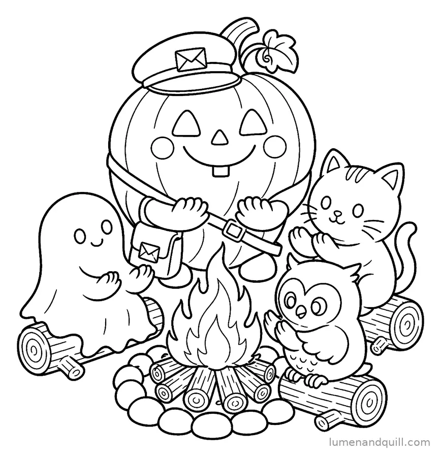 Dibujo para colorear de Otto the Pumpkin Postmaster: Hoguera en la plaza