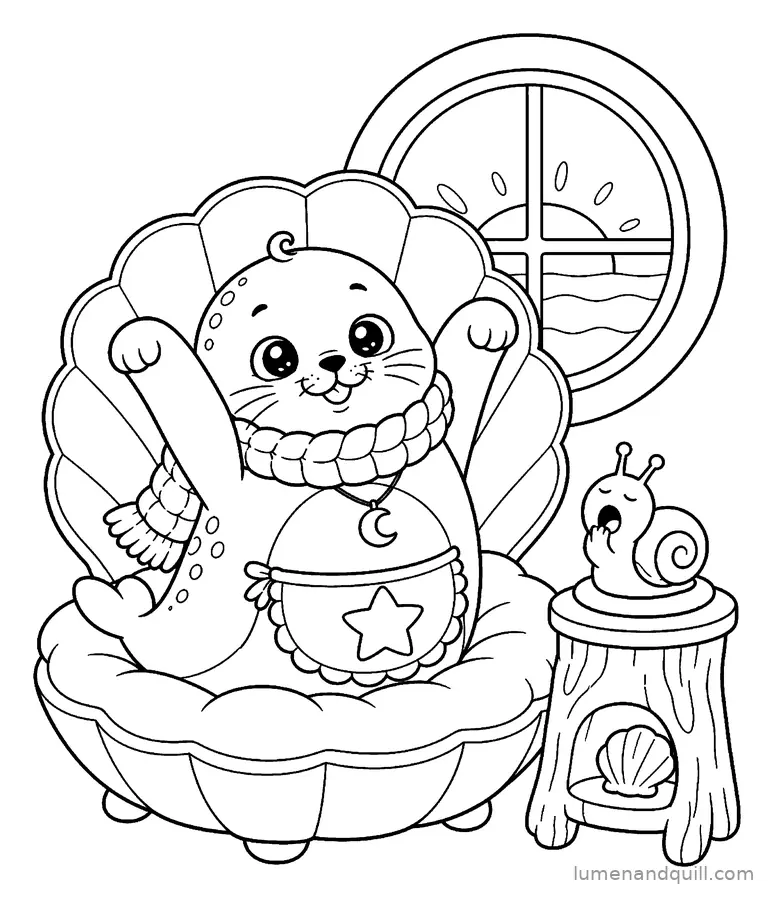 Ausmalbild aus Pearl's Enchanted Seal Shop: Aufwachen bei Sonnenaufgang