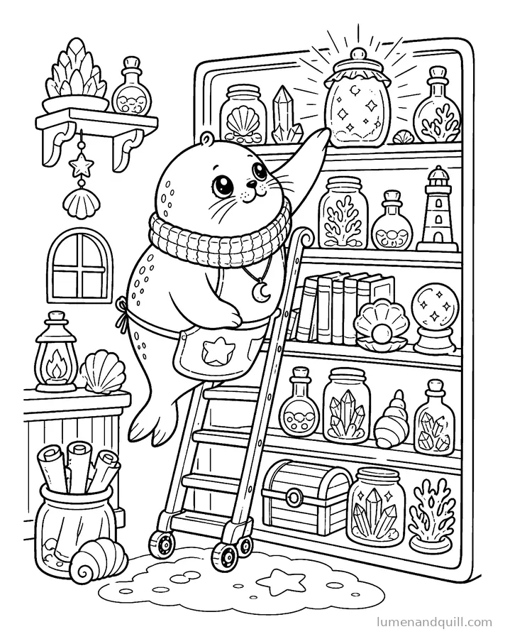 Ausmalbild aus Pearl's Enchanted Seal Shop: Nach dem obersten Regalbrett greifen
