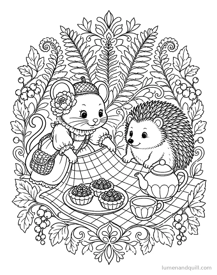 Ausmalbild aus Pippa's Peony Cottage: Picknick mit dem Igel