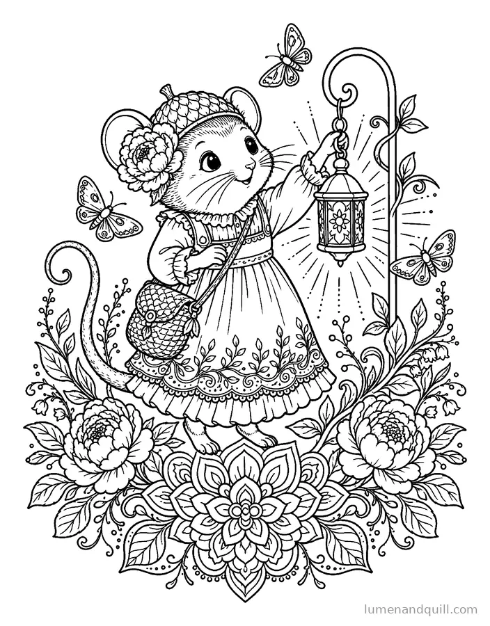 Ausmalbild aus Pippa's Peony Cottage: Laternen in der Dämmerung