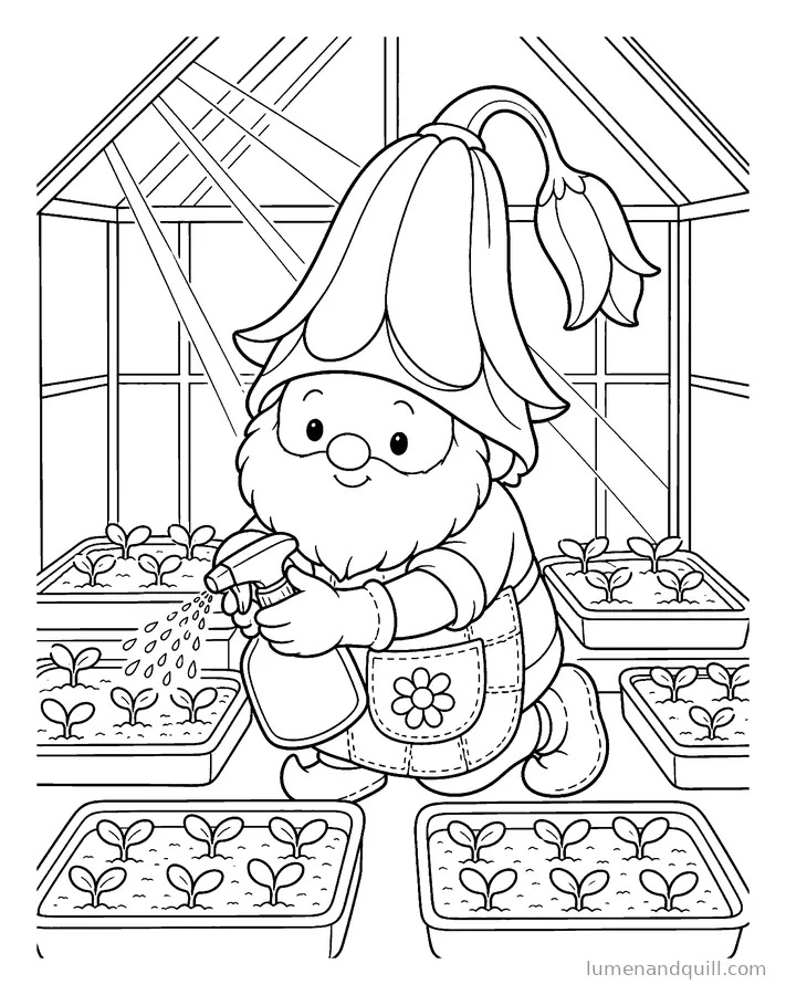 Page de coloriage tirée de Pip's Tiny Flower Shop : Dans la serre