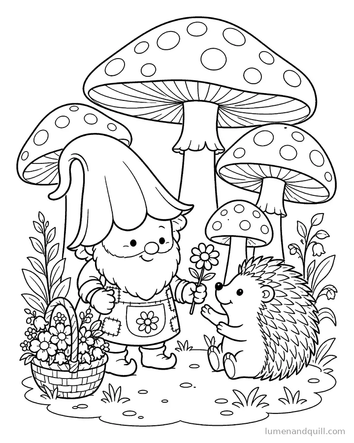 Page de coloriage tirée de Pip's Tiny Flower Shop : Le hérisson sous les champignons