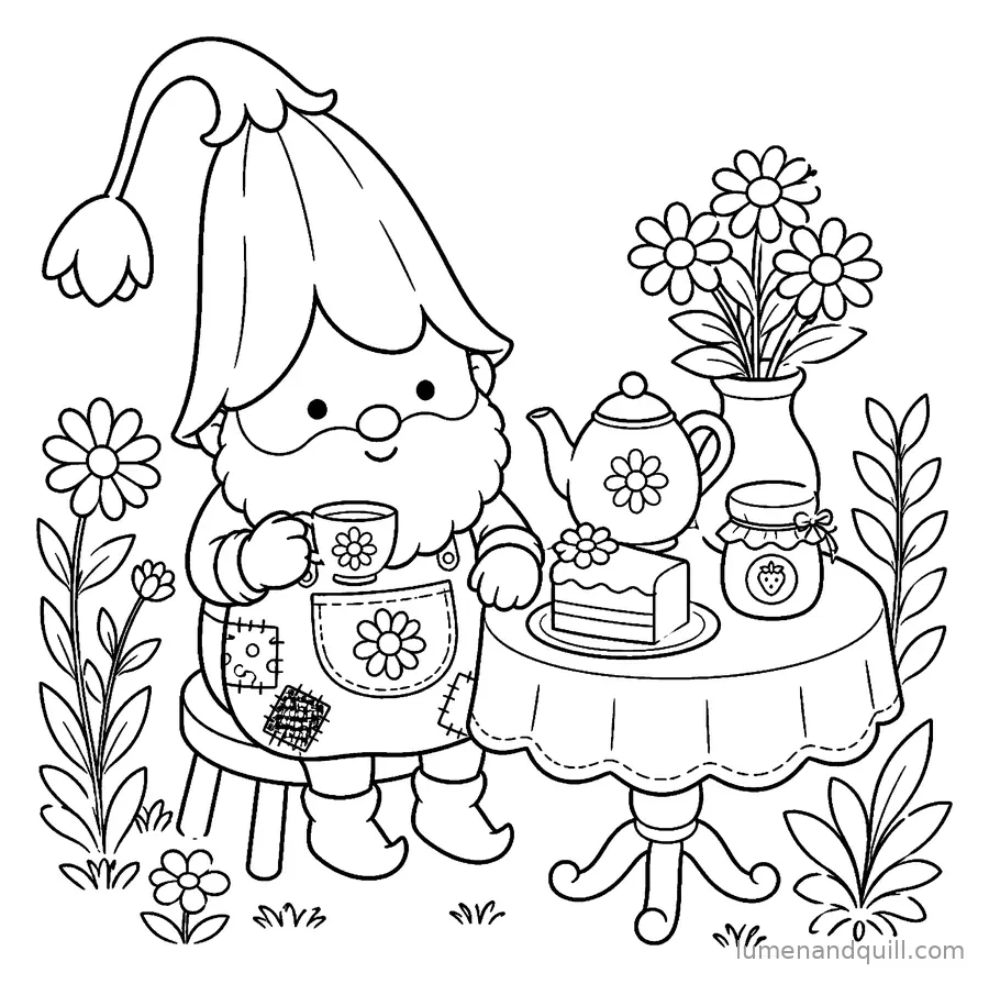 Page de coloriage tirée de Pip's Tiny Flower Shop : Thé de l'après-midi au jardin