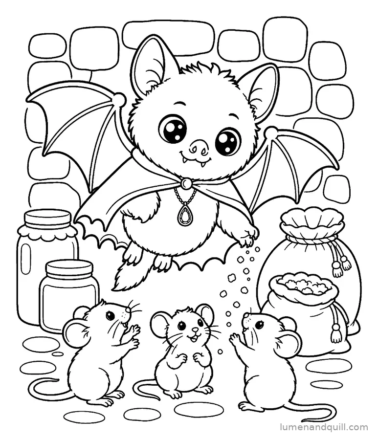 Disegno da colorare tratto da Ruby the Little Cloister Bat: Topolini in dispensa
