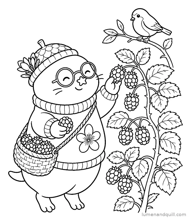 Ausmalbild aus Saffron the Cozy Mole: Beeren pflücken