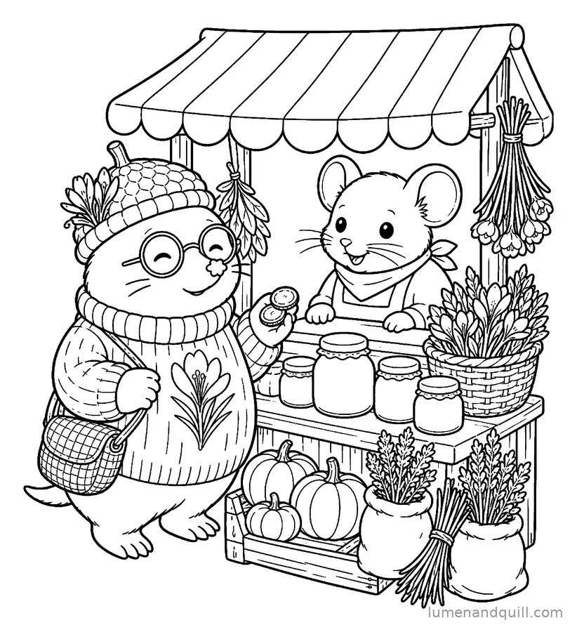 Ausmalbild aus Saffron the Cozy Mole: Am Marktstand