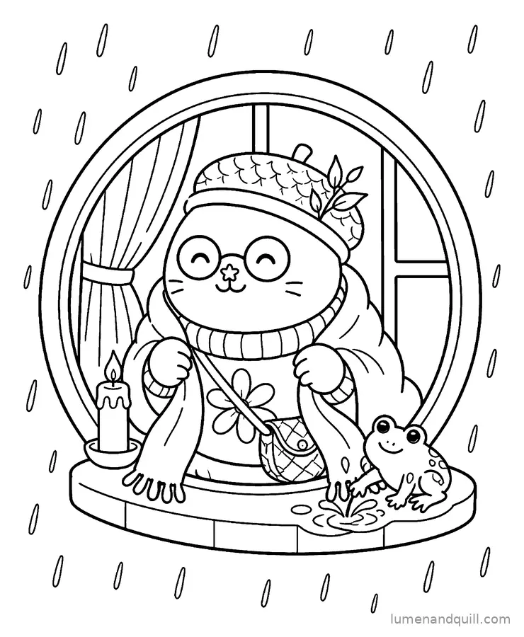 Ausmalbild aus Saffron the Cozy Mole: Unterschlupf im Gewitter