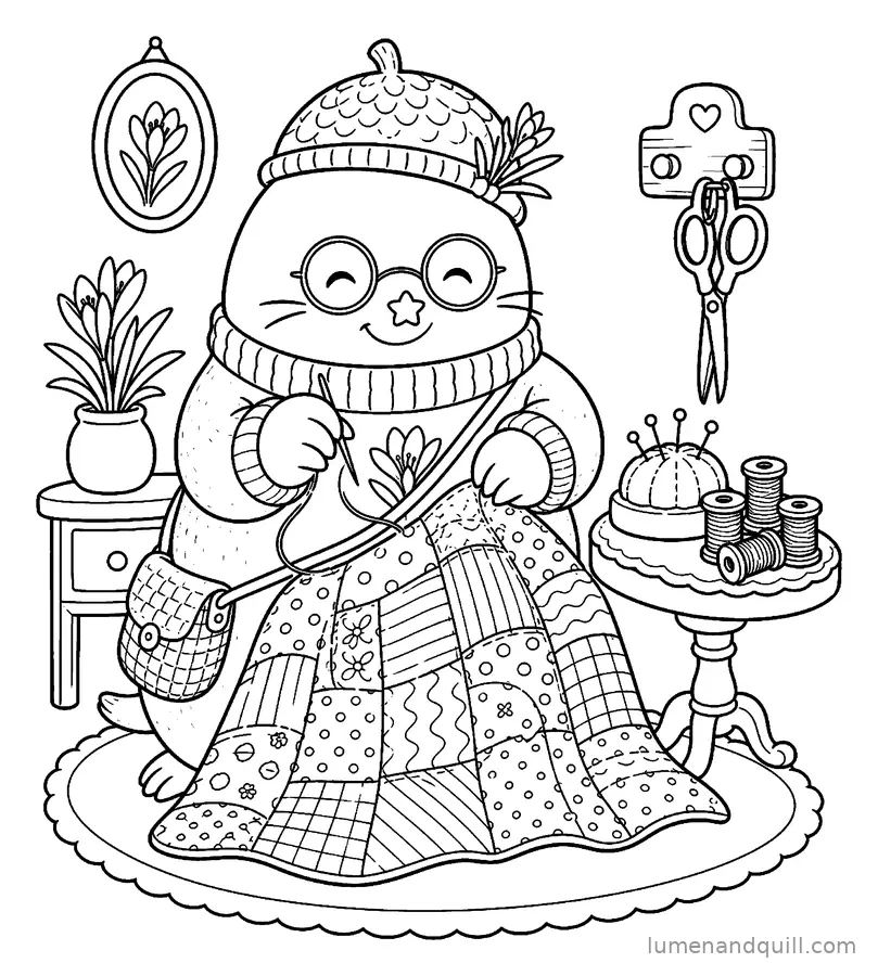 Ausmalbild aus Saffron the Cozy Mole: Quilten am Nachmittag