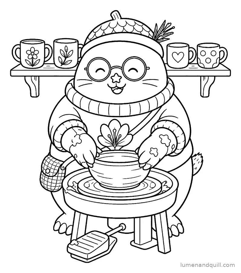 Ausmalbild aus Saffron the Cozy Mole: An der Töpferscheibe