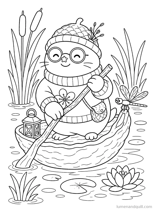 Ausmalbild aus Saffron the Cozy Mole: Fahrt im Walnussboot