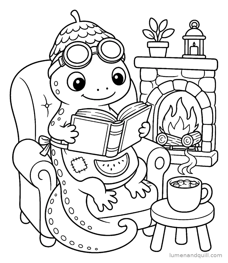 Dibujo para colorear de Sprig's Mango Potion Bakery: Lectura junto al fuego