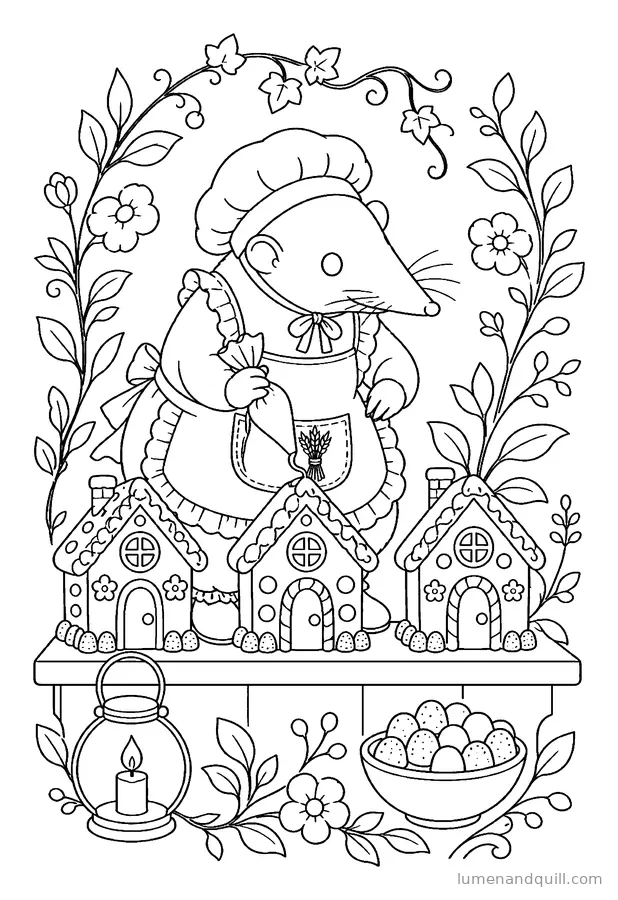 Page de coloriage tirée de The Lantern Bakery : Maisons en pain d'épices