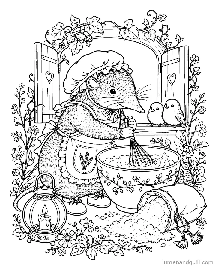 Page de coloriage tirée de The Lantern Bakery : On fouette la pâte