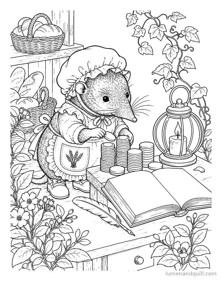 Page de coloriage tirée de The Lantern Bakery : Le bilan de la journée