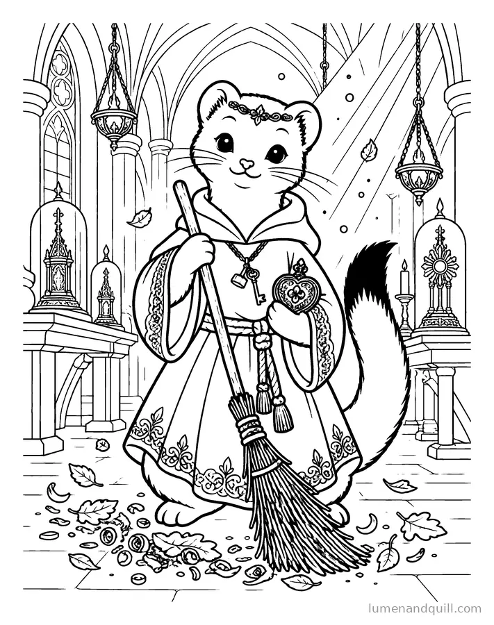 Målarbild från Tovi the Reliquary Stoat: Kyrkgolvet sopas