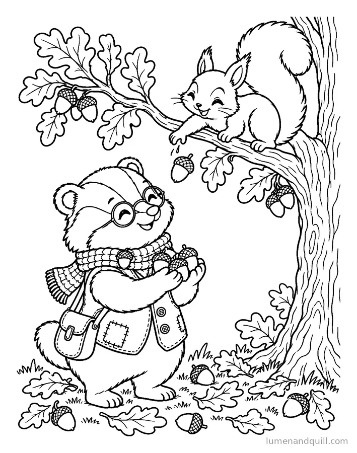 Ausmalbild aus Truffle's Cozy Badger Day: Eicheln sammeln