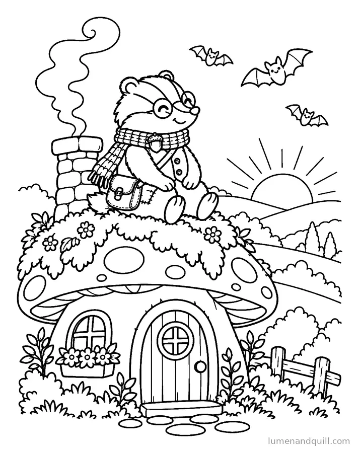 Ausmalbild aus Truffle's Cozy Badger Day: Sonnenuntergang auf dem Dach