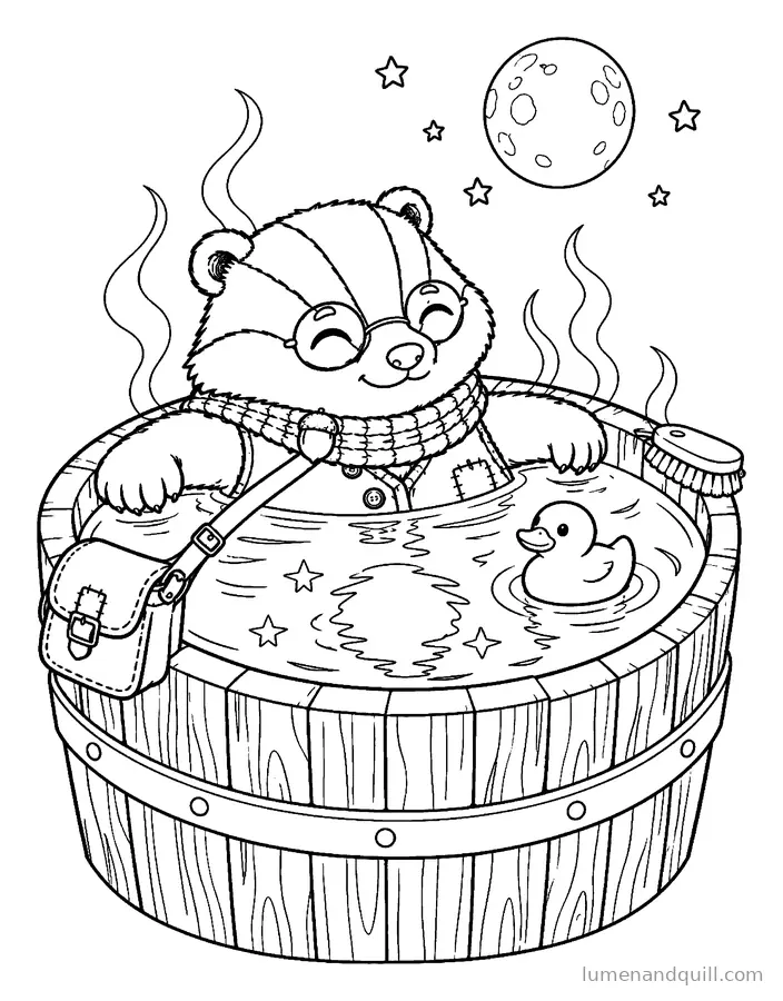 Ausmalbild aus Truffle's Cozy Badger Day: Ein Bad unter den Sternen