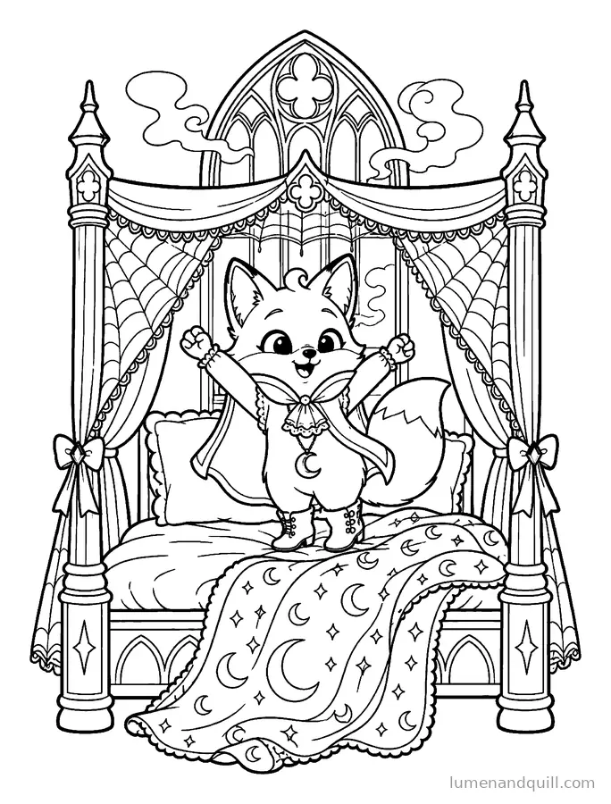 Coloring page from Vesper's Gothic Organ Room: Misty Morning Wake-Up