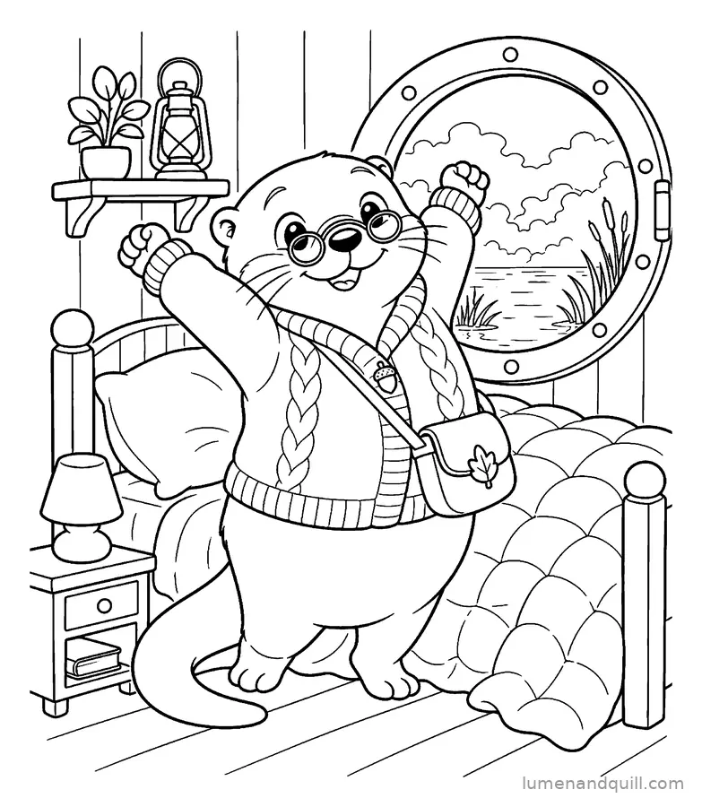 Page de coloriage tirée de Willa's Waterside Library : Lever de soleil brumeux