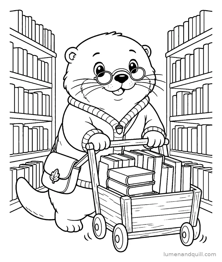 Page de coloriage tirée de Willa's Waterside Library : Tri des livres rendus