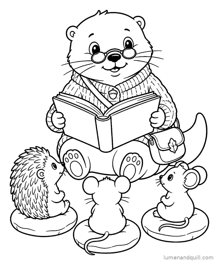 Page de coloriage tirée de Willa's Waterside Library : Cercle des histoires