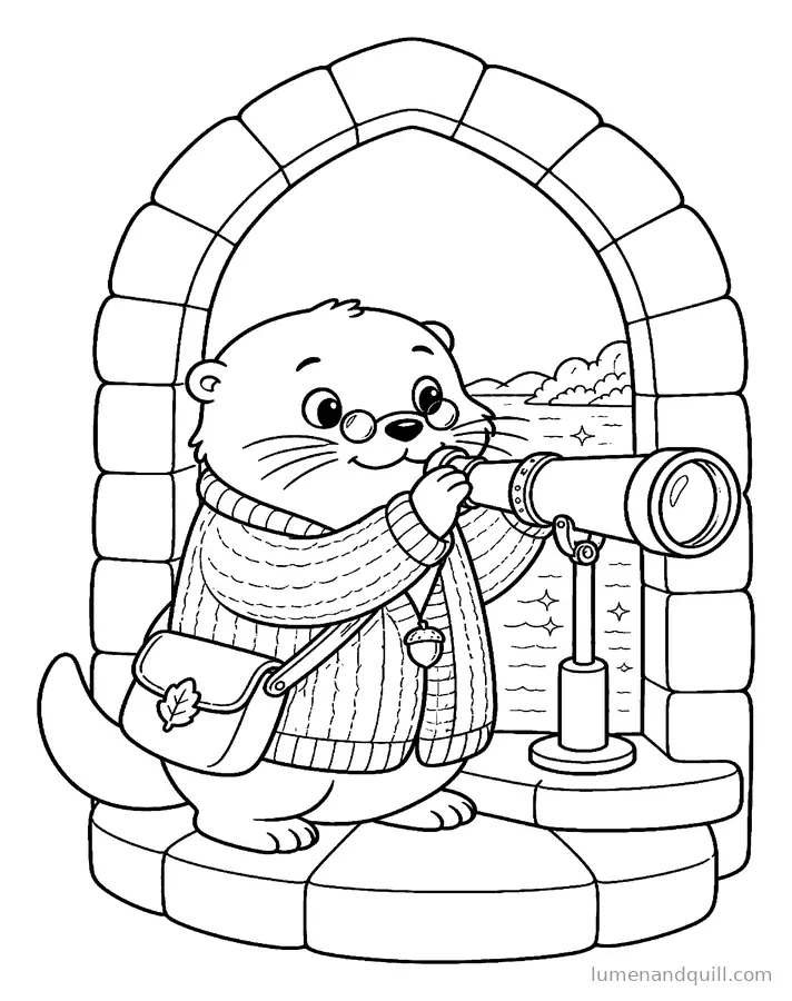 Page de coloriage tirée de Willa's Waterside Library : Télescope sur le lac