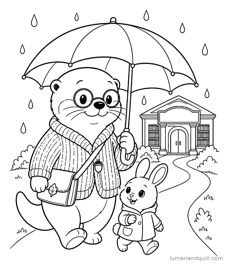 Page de coloriage tirée de Willa's Waterside Library : Parapluie partagé