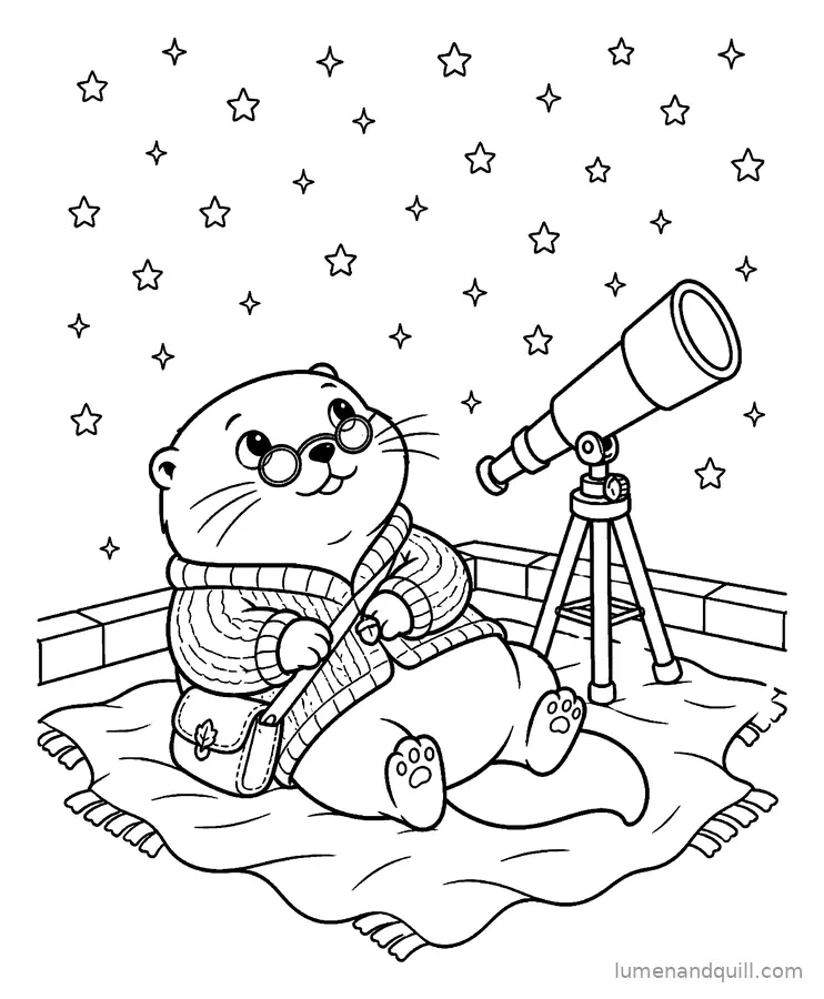 Page de coloriage tirée de Willa's Waterside Library : Étoiles depuis le toit