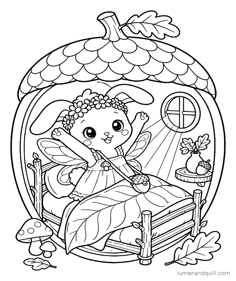 Page de coloriage tirée de Willow the Fairycore Bunny : Réveil du matin