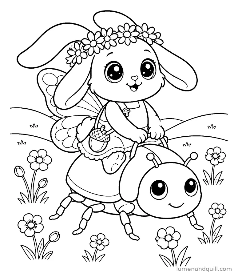 Page de coloriage tirée de Willow the Fairycore Bunny : Balade à dos de scarabée