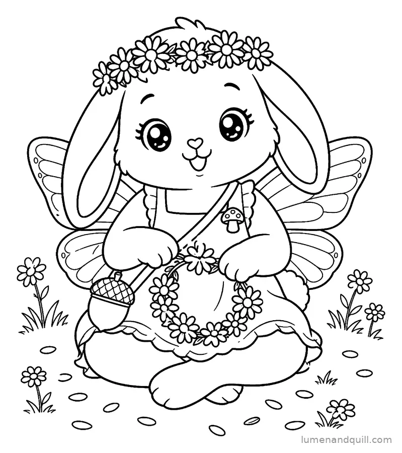 Page de coloriage tirée de Willow the Fairycore Bunny : Couronne de fleurs