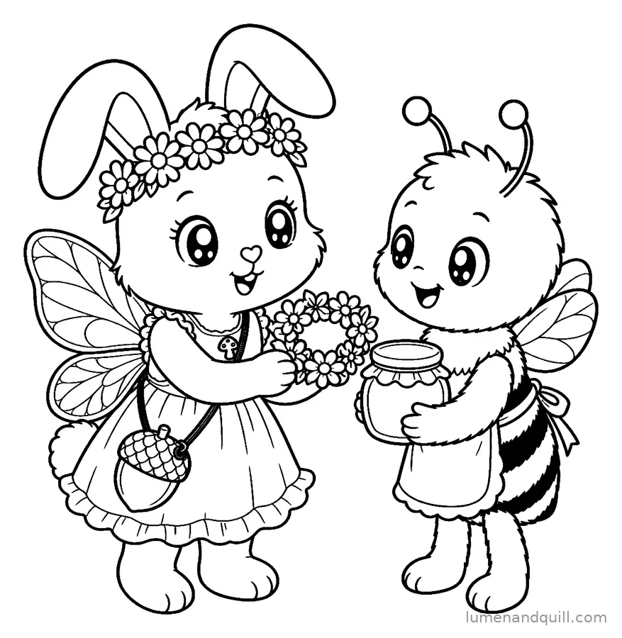 Page de coloriage tirée de Willow the Fairycore Bunny : Échange de miel