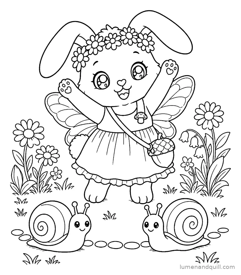Page de coloriage tirée de Willow the Fairycore Bunny : Course d'escargots