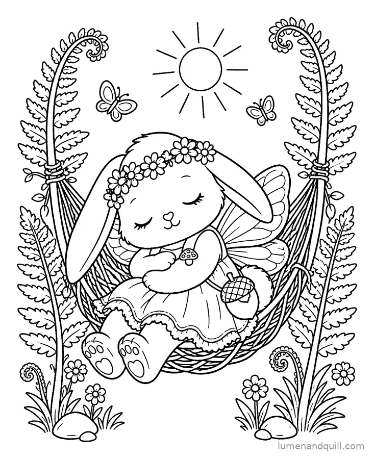 Page de coloriage tirée de Willow the Fairycore Bunny : Sieste dans le hamac de lianes
