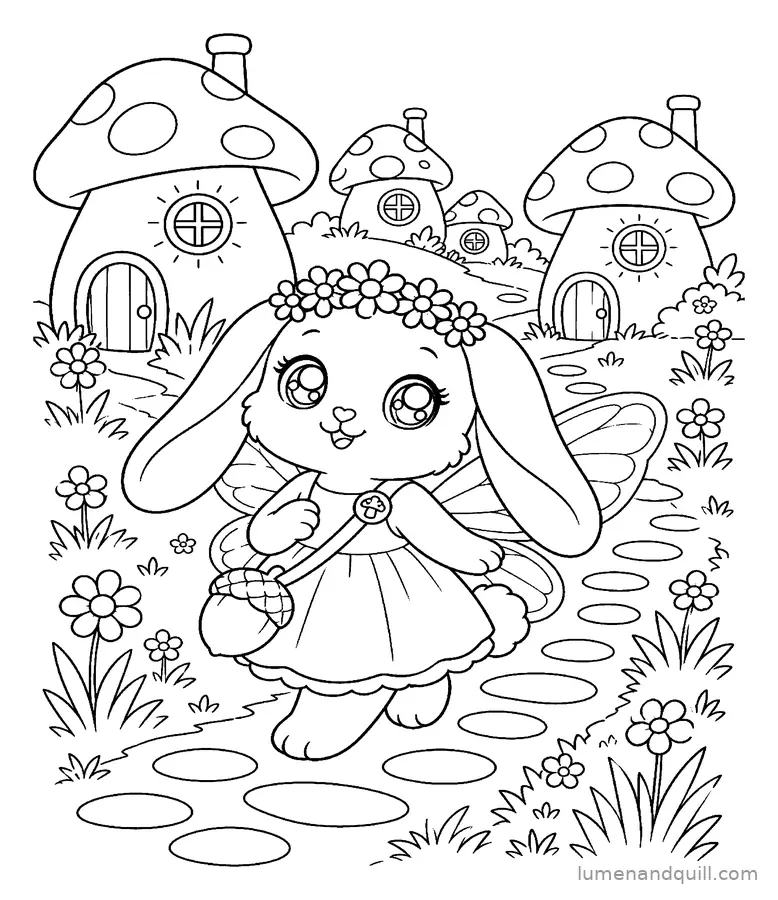 Page de coloriage tirée de Willow the Fairycore Bunny : Village des champignons
