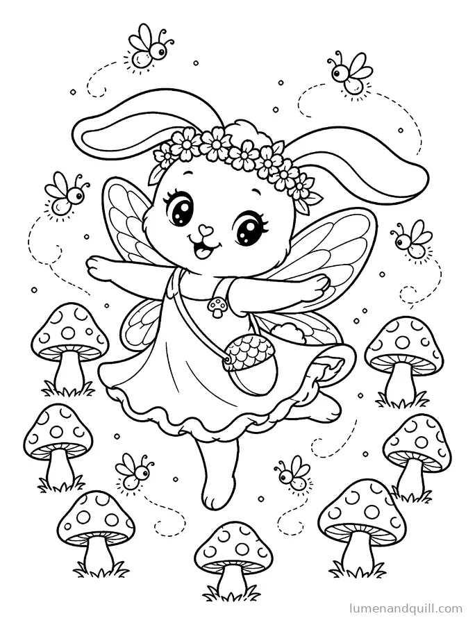 Page de coloriage tirée de Willow the Fairycore Bunny : Danse des lucioles