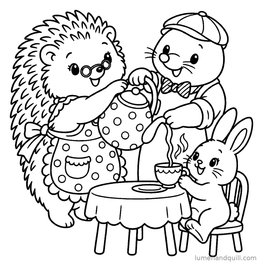 Coloring page from Wren & Milo's Tea Shop: Pouring Tea