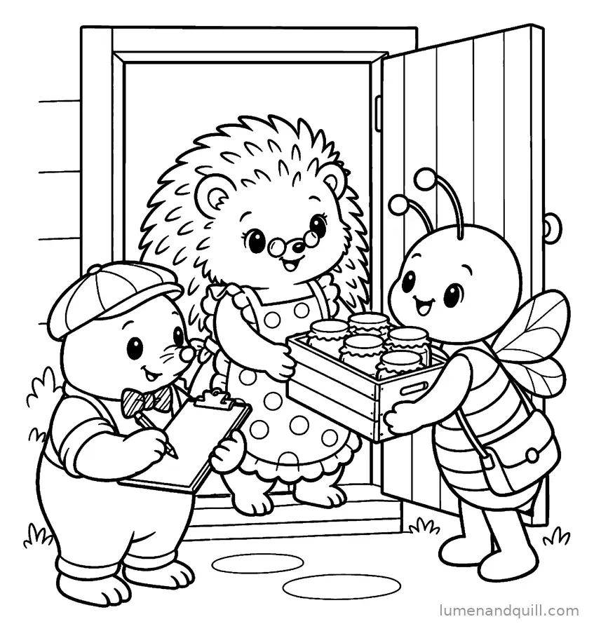 Coloring page from Wren & Milo's Tea Shop: Honey Delivery