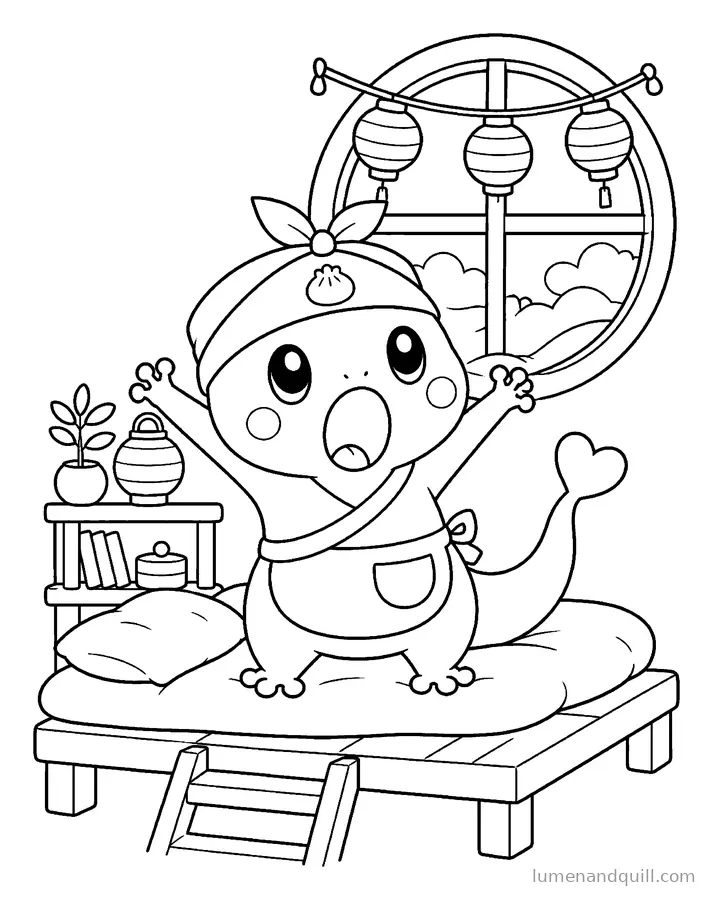 Dibujo para colorear de Yuki's Dumpling Market: Estirándose al amanecer